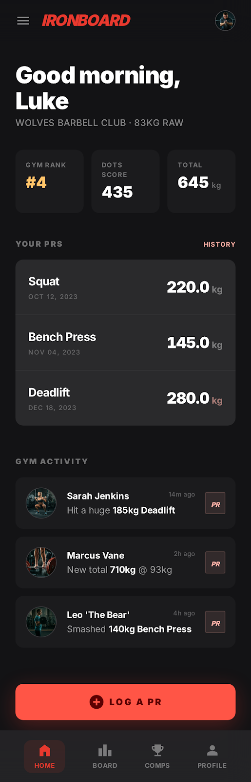 IronBoard home screen showing your Big Three lifts, gym rank, and DOTS score